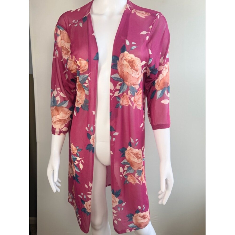 Ashley Blue Floral Sheer Kimono Cardigan Duster Large Pink Rose Lightweight